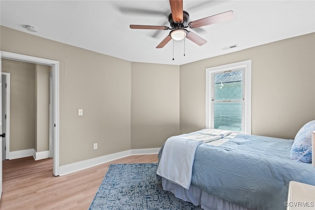 bedroom with light hardwood / wood-style floors and ceiling fan