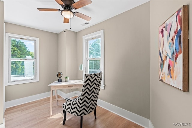 office space with plenty of natural light, ceiling fan, and light hardwood / wood-style flooring