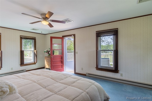 carpeted bedroom featuring ceiling fan, multiple windows, ornamental molding, and a baseboard radiator