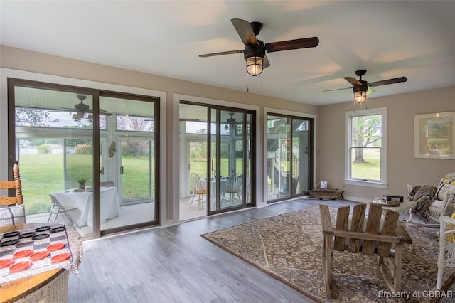 doorway to outside featuring hardwood / wood-style flooring and ceiling fan