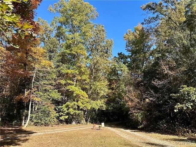 view of road featuring a wooded view