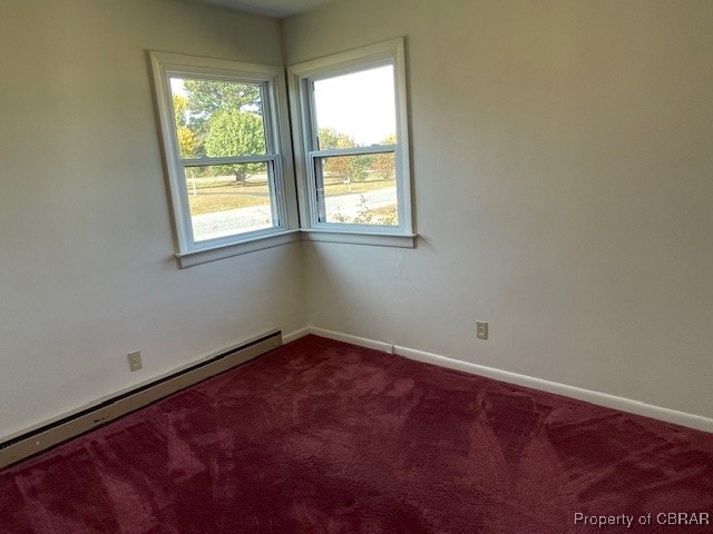 carpeted spare room with baseboard heating