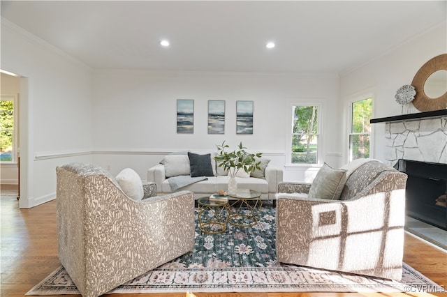 living room featuring ornamental molding, a stone fireplace, and light wood-type flooring