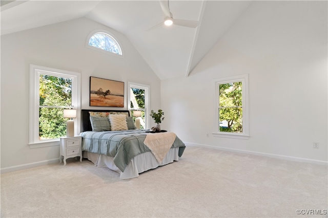 carpeted bedroom featuring multiple windows, high vaulted ceiling, and ceiling fan