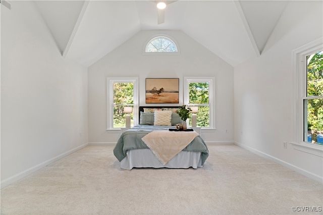 carpeted bedroom featuring lofted ceiling