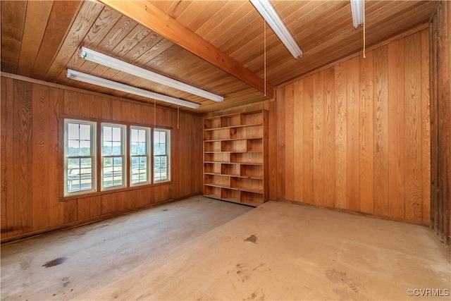 unfurnished room with wood ceiling and wood walls