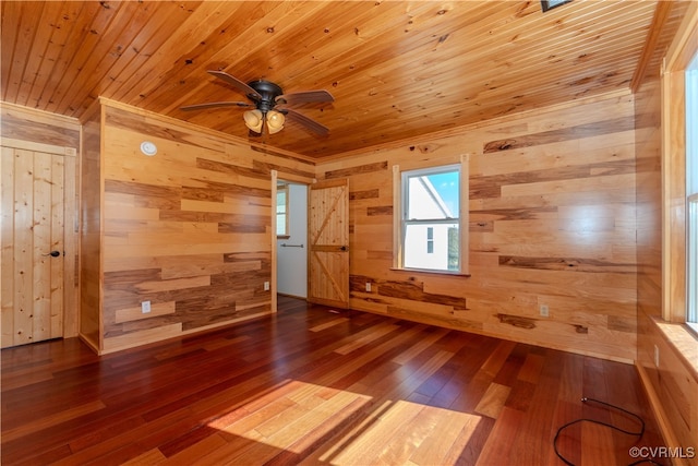 unfurnished room with wood ceiling, wooden walls, and wood-type flooring