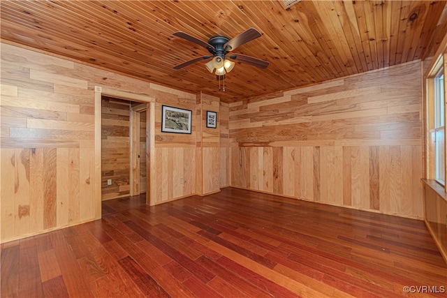 unfurnished room with wood walls, hardwood / wood-style flooring, and wooden ceiling