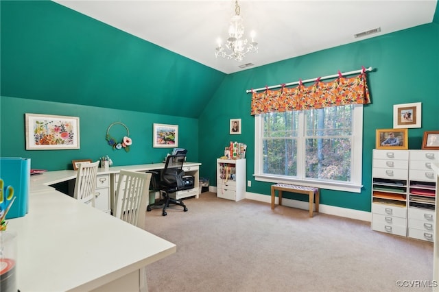 carpeted office space with lofted ceiling and a notable chandelier