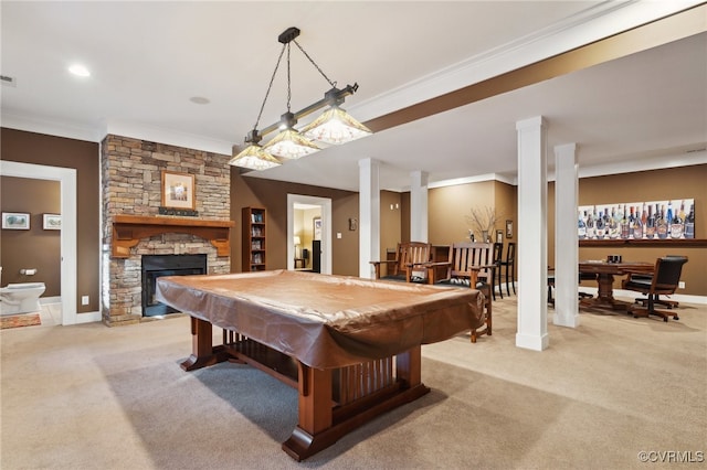 playroom with a stone fireplace, billiards, and light colored carpet