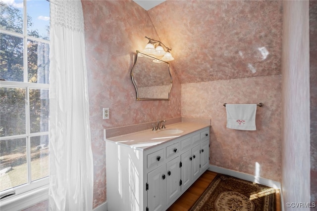 bathroom with vanity and hardwood / wood-style floors