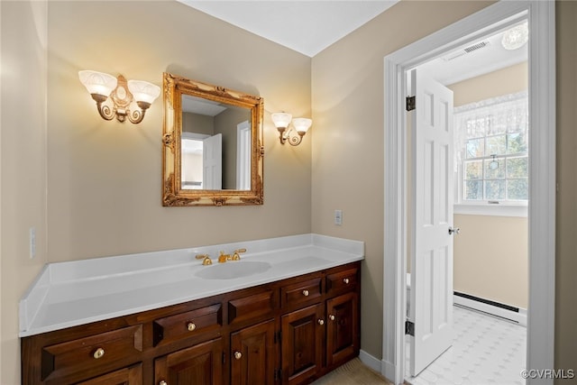 bathroom featuring vanity and a baseboard heating unit