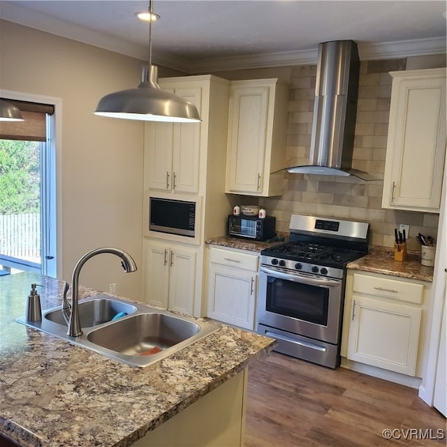 kitchen with hardwood / wood-style floors, white cabinetry, sink, wall chimney exhaust hood, and stainless steel appliances