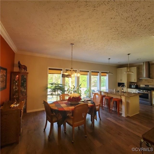 dining space with a textured ceiling, crown molding, dark hardwood / wood-style floors, and plenty of natural light