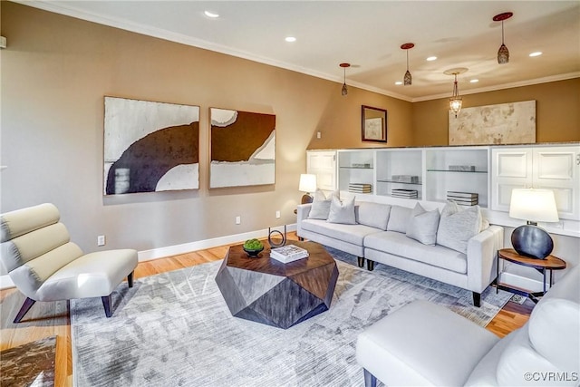 living room featuring crown molding and light hardwood / wood-style flooring