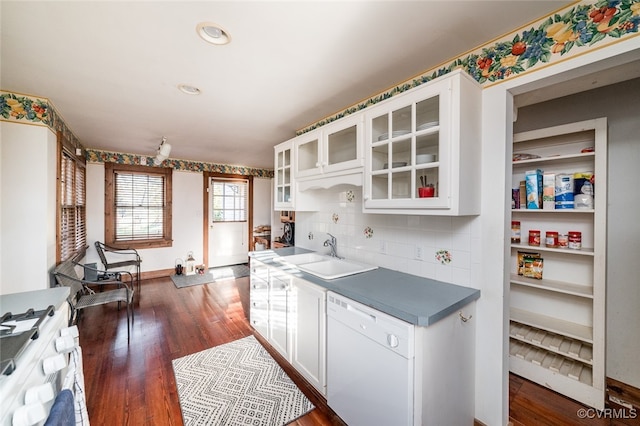 kitchen featuring tasteful backsplash, sink, dishwasher, white cabinetry, and dark wood-type flooring