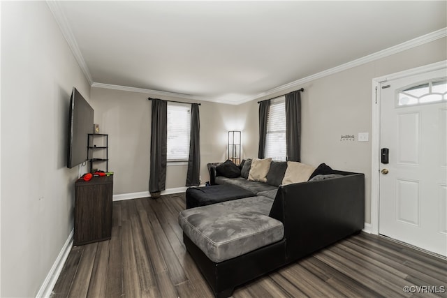 living room with dark wood-type flooring and ornamental molding