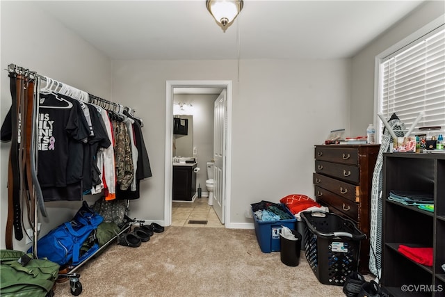 walk in closet with light colored carpet