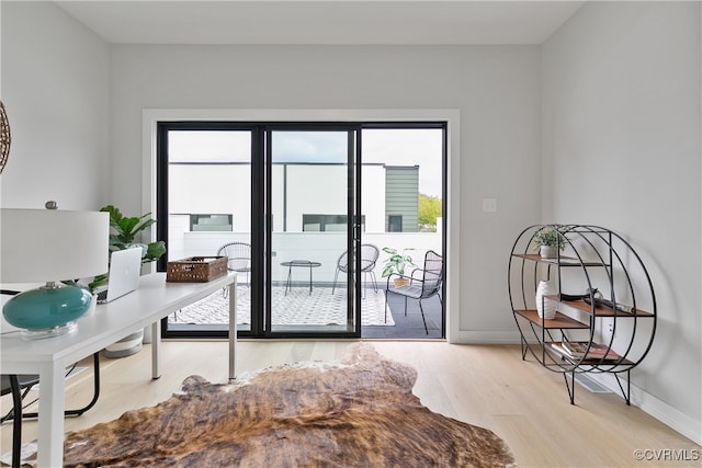 doorway to outside featuring light wood-type flooring and plenty of natural light