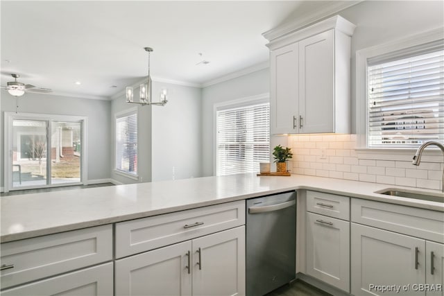 kitchen featuring sink, stainless steel dishwasher, white cabinets, crown molding, and decorative backsplash