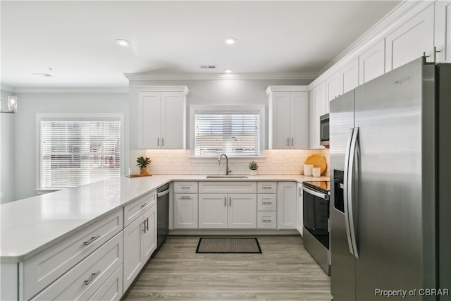 kitchen with sink, white cabinets, kitchen peninsula, and stainless steel appliances