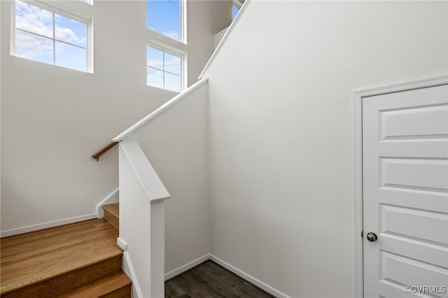 stairway with a healthy amount of sunlight and hardwood / wood-style flooring