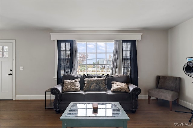 living room with dark hardwood / wood-style floors