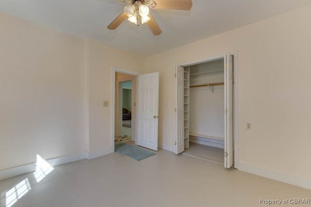 unfurnished bedroom with a closet and ceiling fan