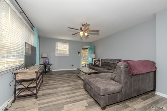 living room with hardwood / wood-style flooring and ceiling fan