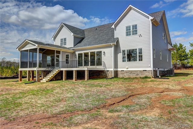 back of house with ceiling fan, central AC unit, and a sunroom