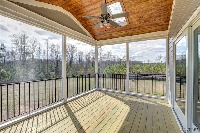 unfurnished sunroom featuring vaulted ceiling with skylight, wood ceiling, and ceiling fan