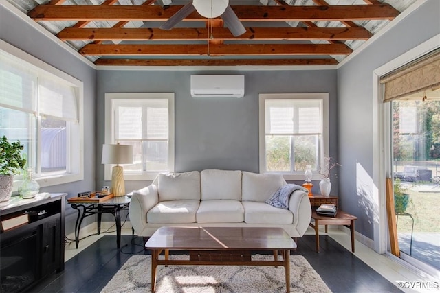 living room with dark wood-type flooring, a wall unit AC, plenty of natural light, and beam ceiling