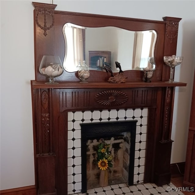 room details with a tile fireplace