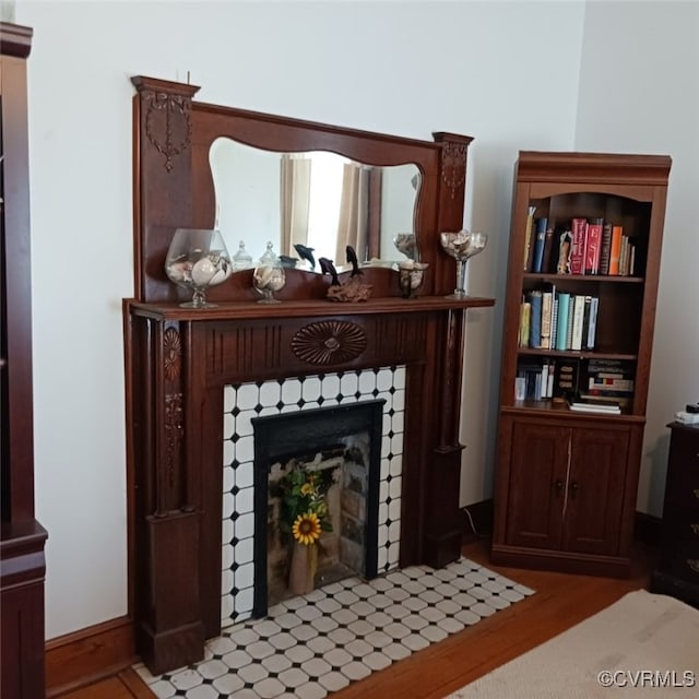details with a fireplace with flush hearth