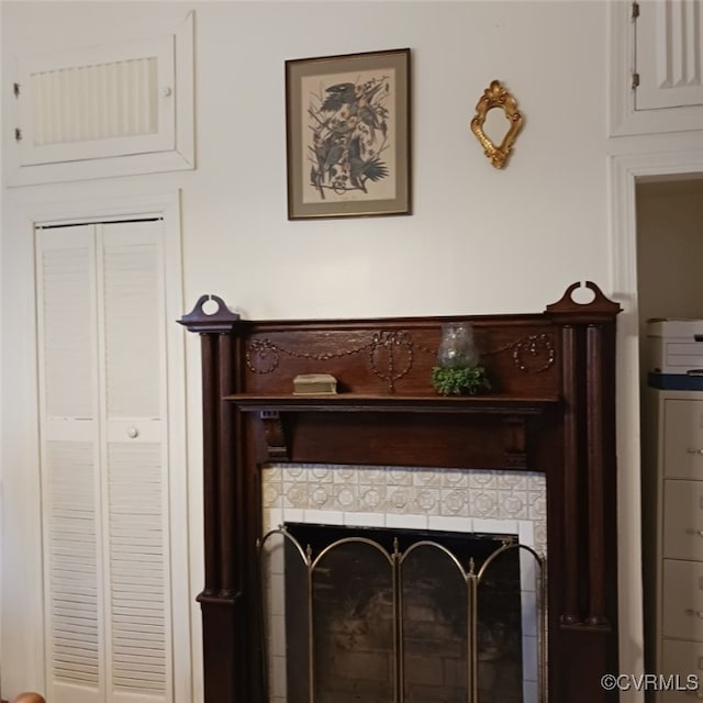 room details with a tile fireplace
