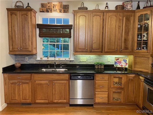 kitchen featuring backsplash, dishwasher, and light wood-type flooring