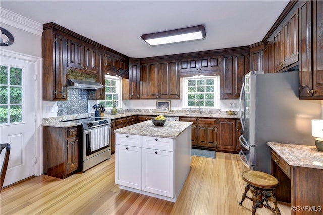 kitchen featuring a kitchen island, a healthy amount of sunlight, light hardwood / wood-style floors, and stainless steel appliances