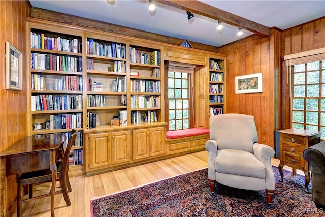 living area with a wealth of natural light and wooden walls