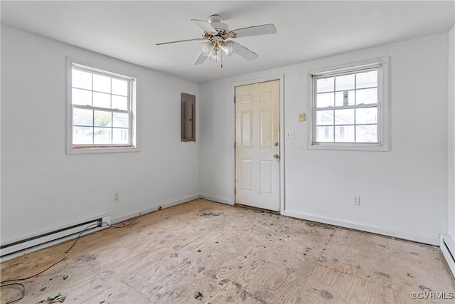 empty room featuring electric panel, a baseboard radiator, a wealth of natural light, and ceiling fan