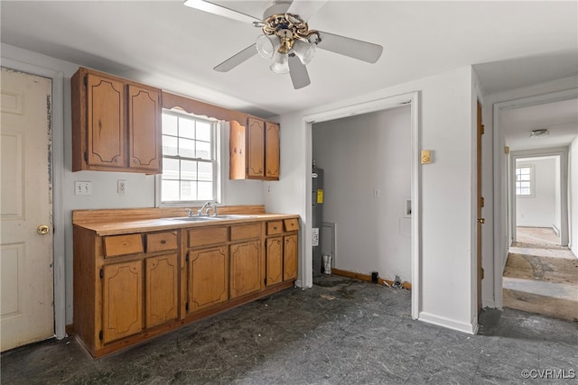 kitchen with electric water heater, ceiling fan, and sink