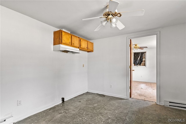 empty room with ceiling fan and baseboard heating