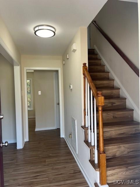 stairway with hardwood / wood-style flooring