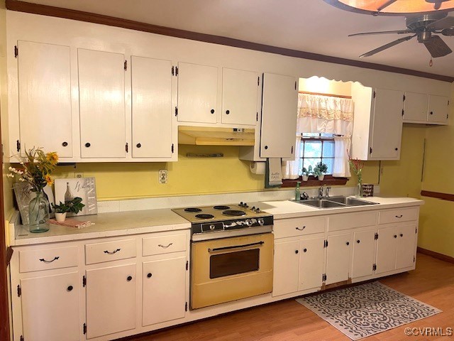 kitchen featuring range with electric stovetop, crown molding, light wood-type flooring, white cabinetry, and ceiling fan