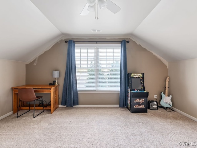 additional living space with ceiling fan, carpet floors, and lofted ceiling