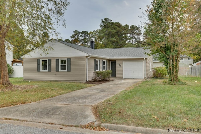 single story home featuring a front lawn and a garage