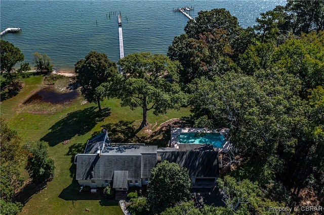 bird's eye view with a water view