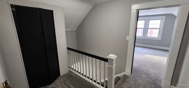 staircase with carpet flooring and vaulted ceiling