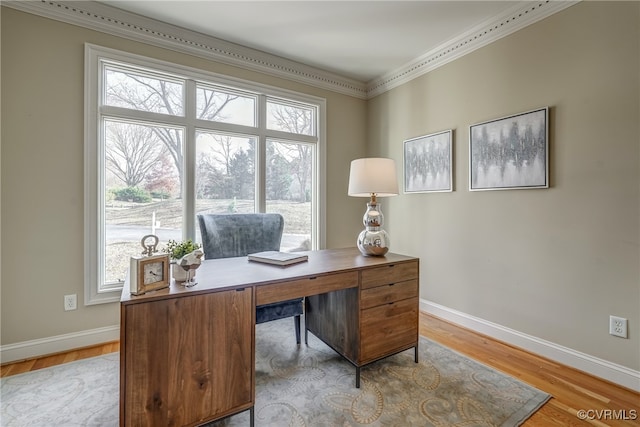 office space featuring a healthy amount of sunlight, light wood-type flooring, and ornamental molding