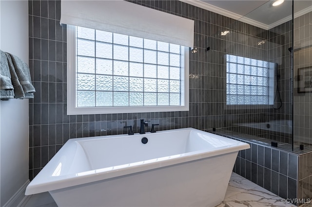 bathroom featuring plenty of natural light, separate shower and tub, and crown molding