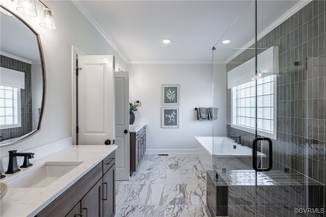 bathroom with ornamental molding, vanity, and independent shower and bath